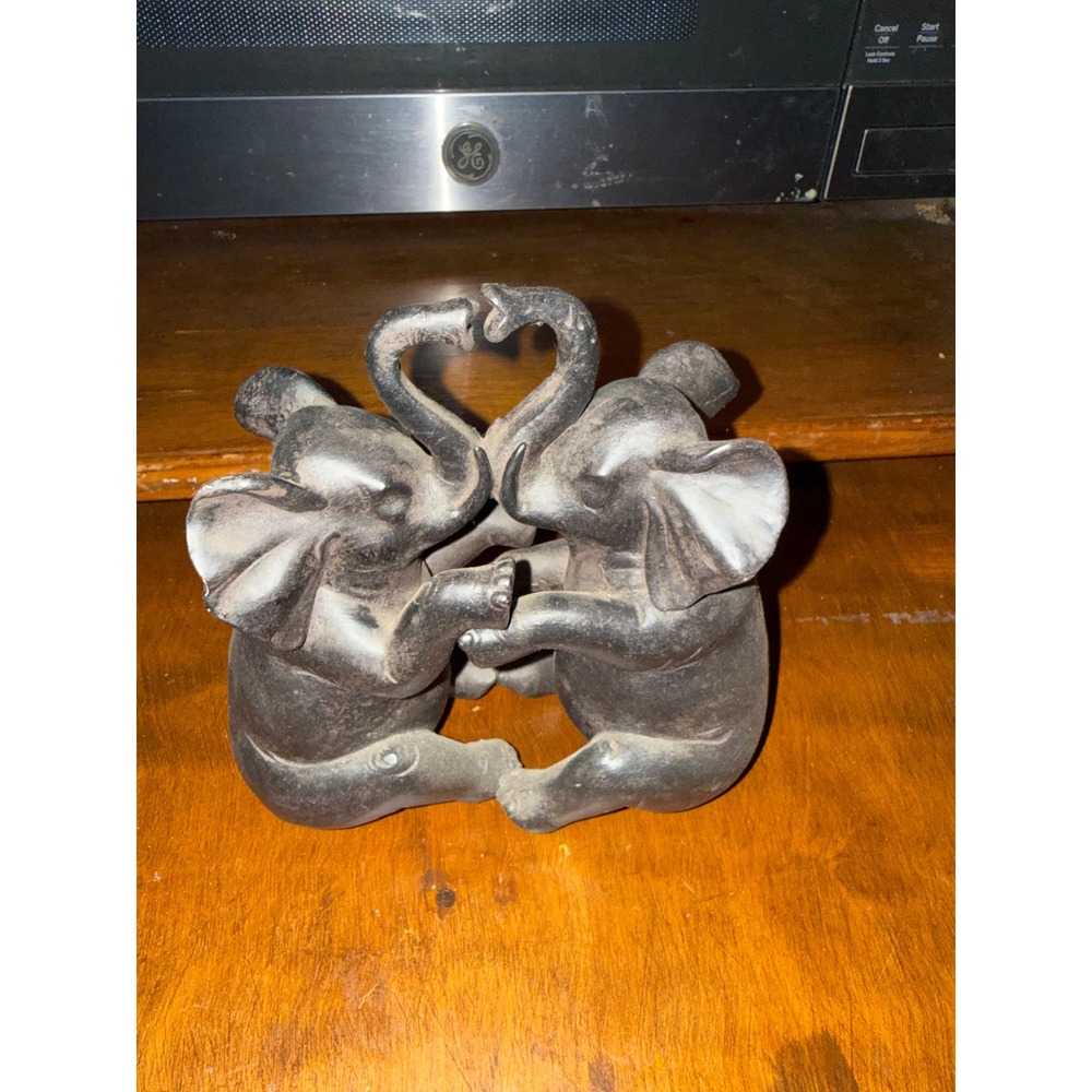 Hand Carved Heart Trunk Elephant Figurine Black Stone Resin Decor 6.5 Inch